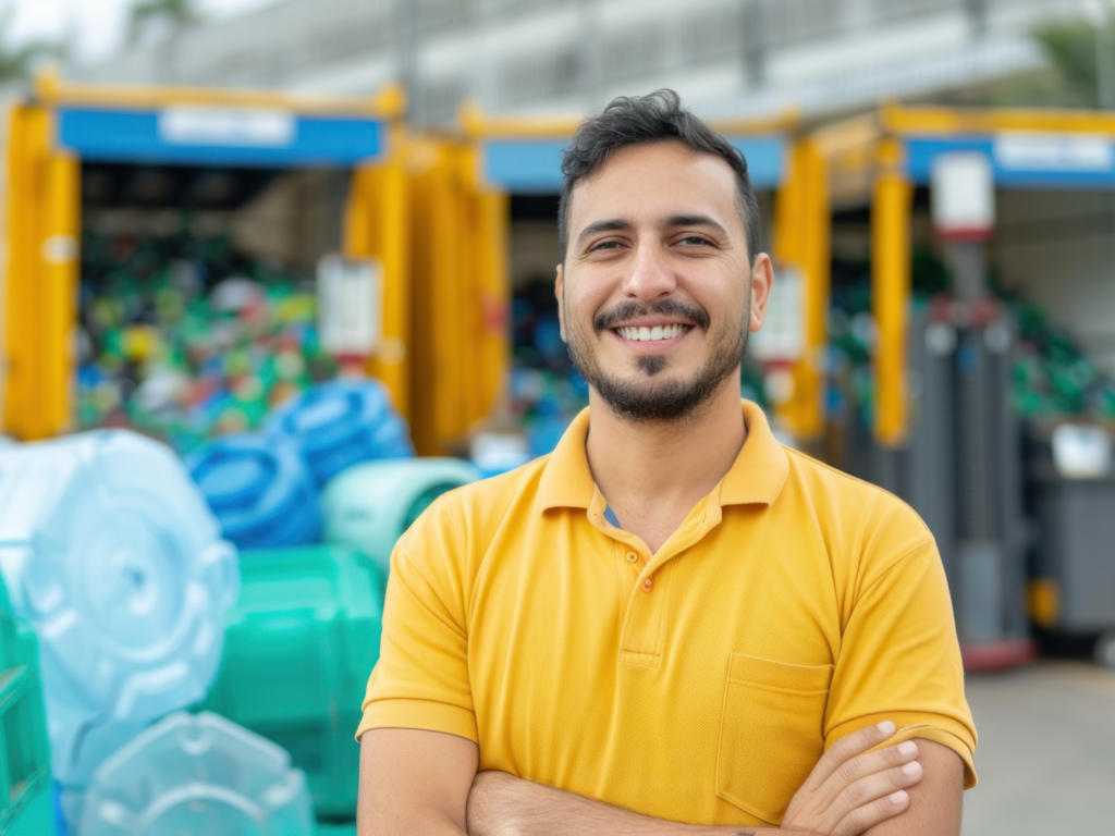 a business owner of a waste management facility in a yellow shirt stands outside of his complex recently financed with an sba 7(a) loan