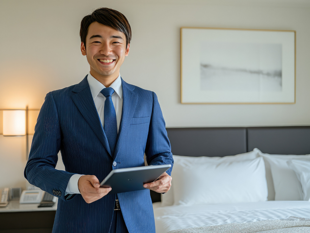 the owner of a hotel standing in a room in his establishment wearing a navy suit and holding an ipad reviewing the details of his SBA 7(a) application